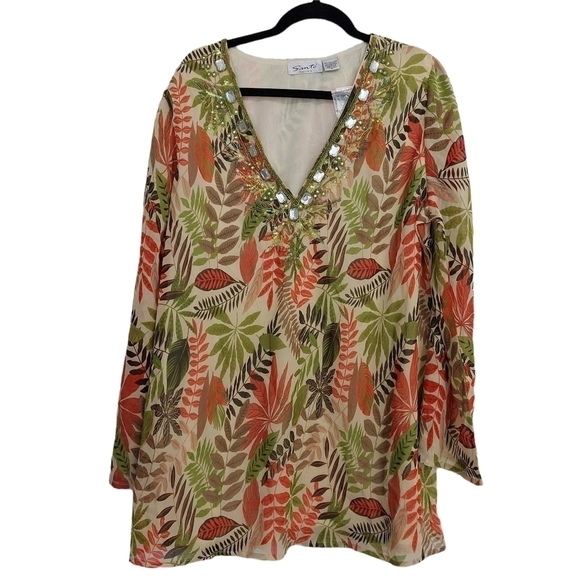 Santé Womens Fall Leaves Print Jeweled V-Neck Tunic Top Plus Size 2X Long Sleeve - Picture 1 of 10